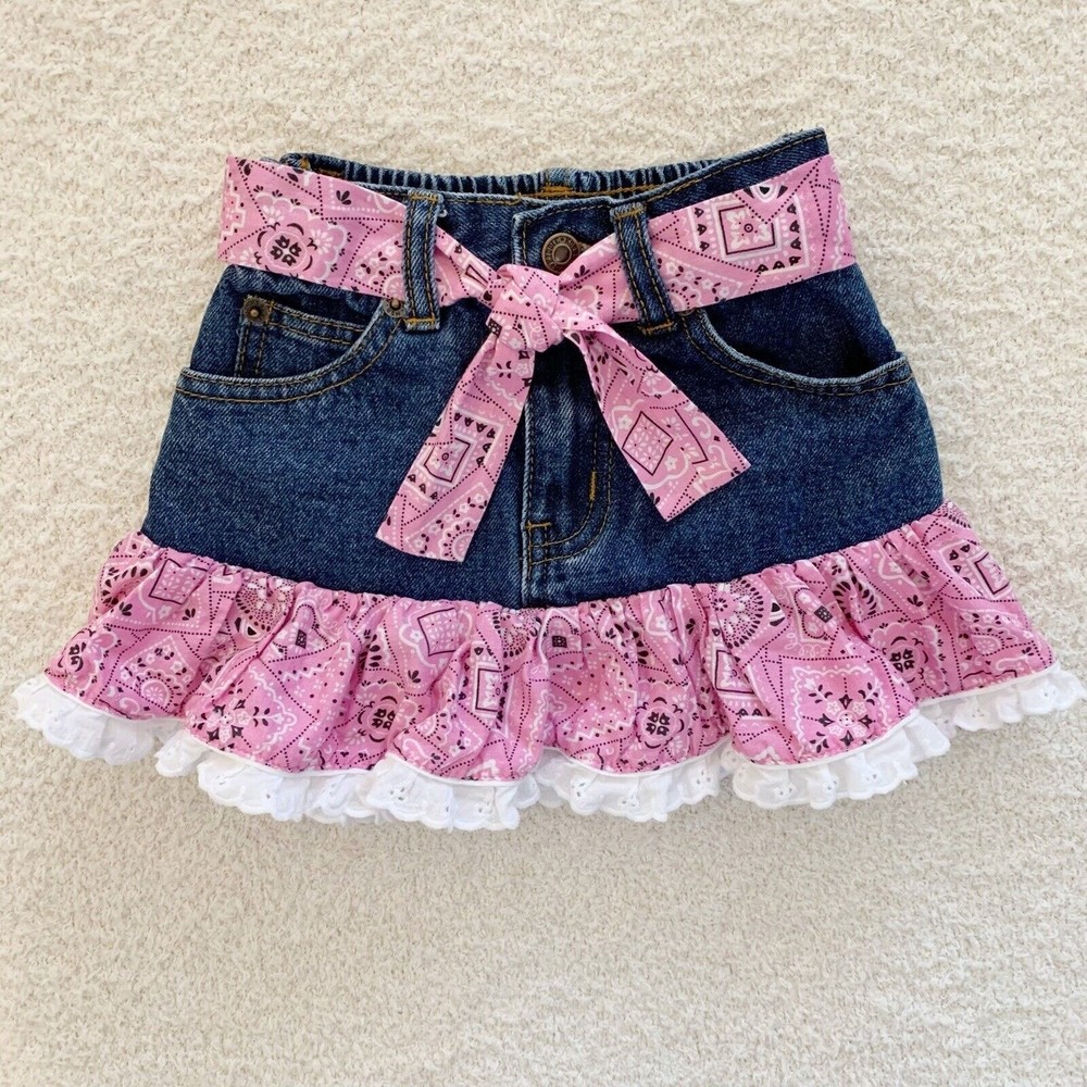 Kiddie Korral Skirt Cowgirl Denim Jean Skirt Size 3 Pink Bandana Lace